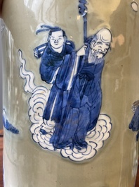 A Chinese celadon-ground blue, white and copper-red rouleau vase, Kangxi