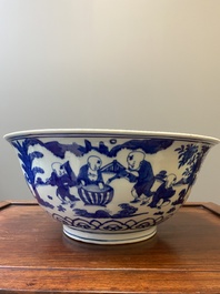 Een zeldzame grote Chinese blauw-witte kom met '100 jongens', Jiajing merk en periode