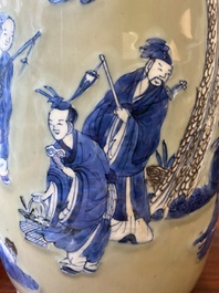 A Chinese celadon-ground blue, white and copper-red rouleau vase, Kangxi