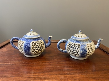 A pair of Chinese reticulated and double-walled blue and white teapots, Transitional period