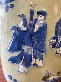 A Chinese celadon-ground blue, white and copper-red rouleau vase, Kangxi