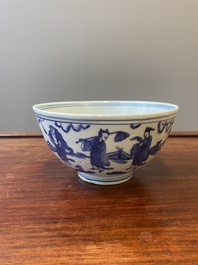 Een Chinese blauw-witte 'Acht onsterfelijken' kom, Jiajing merk en periode