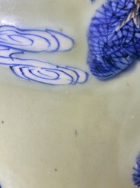 A Chinese celadon-ground blue, white and copper-red rouleau vase, Kangxi