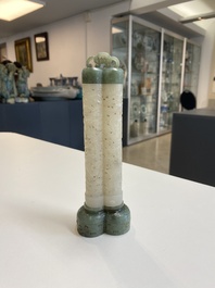 A Chinese reticulated white jade parfumier with spinach-green jade cover and base, Qing