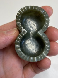 A Chinese reticulated white jade parfumier with spinach-green jade cover and base, Qing