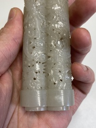 A Chinese reticulated white jade parfumier with spinach-green jade cover and base, Qing