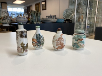 Four Chinese famille rose and verte snuff bottles, 19th C.