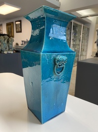 A Chinese monochrome turquoise-glazed square vase, Kangxi