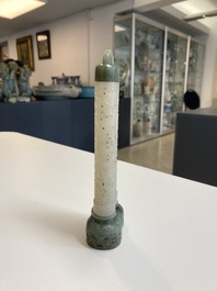 A Chinese reticulated white jade parfumier with spinach-green jade cover and base, Qing
