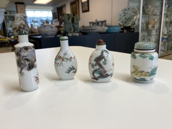 Four Chinese famille rose and verte snuff bottles, 19th C.
