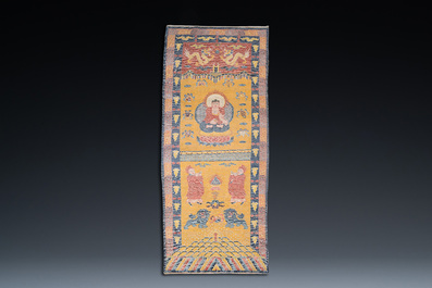 A huge Chinese 'Medicine Buddha' or 'Bhaishajyaguru' yellow-ground rug, probably Ningxia, 19/20th C.