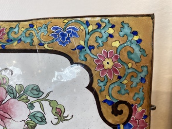 A large rectangular Chinese gold-yellow-ground Canton enamel plaque with fine floral design, Yongzheng