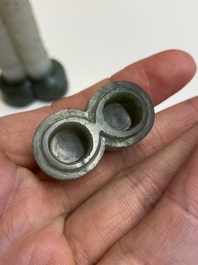 A Chinese reticulated white jade parfumier with spinach-green jade cover and base, Qing