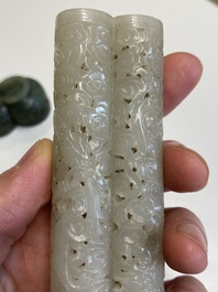 A Chinese reticulated white jade parfumier with spinach-green jade cover and base, Qing