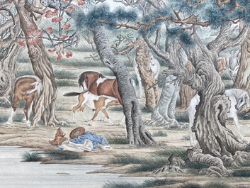 Chinese school, after Giuseppe Castiglione 郎世寧 (1688-1766): '100 horses', handscroll, ink and colour on paper, 18/19th C.