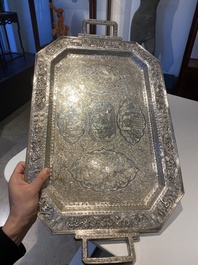 A Chinese silver 4-piece tea service on tray, Tu Mao Xing mark 塗茂興, 19th C.