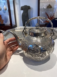 A Chinese silver 4-piece tea service on tray, Tu Mao Xing mark 塗茂興, 19th C.