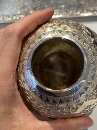 A Chinese silver 4-piece tea service on tray, Tu Mao Xing mark 塗茂興, 19th C.