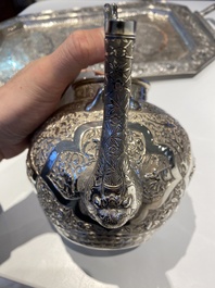 A Chinese silver 4-piece tea service on tray, Tu Mao Xing mark 塗茂興, 19th C.