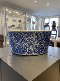 Impressionnant bassin en porcelaine de Chine en bleu et blanc &agrave; d&eacute;cor de rinceaux floraux, Kangxi
