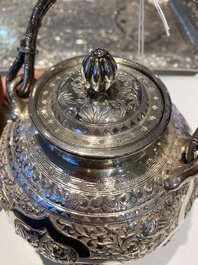 A Chinese silver 4-piece tea service on tray, Tu Mao Xing mark 塗茂興, 19th C.
