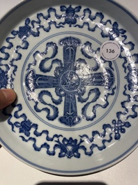 Coupe sur talon ou tazza en porcelaine de Chine en bleu et blanc &agrave; d&eacute;cor 'Bajixiang', marque et &eacute;poque de Qianlong