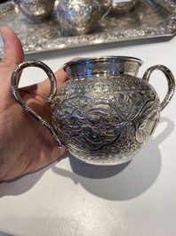 A Chinese silver 4-piece tea service on tray, Tu Mao Xing mark 塗茂興, 19th C.
