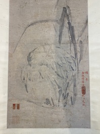 Ecole chinoise, anonyme, dans la collection de Shi Min 史敏 (1415-?): 'H&eacute;ron et acorus', aquarelle sur papier, dat&eacute;e 1427 mais probablement plus tardive