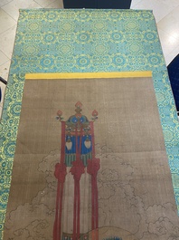 Chinese school: 'Bodhisattva with two servants', ink and colour on silk, 18/19th C.