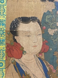 Chinese school: 'Bodhisattva with two servants', ink and colour on silk, 18/19th C.
