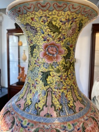 A pair of fine Chinese famille rose 'landscape' vases, Qianlong mark, 20th C.