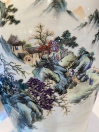 A pair of fine Chinese famille rose 'landscape' vases, Qianlong mark, 20th C.
