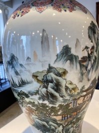 A pair of fine Chinese famille rose 'landscape' vases, Qianlong mark, 20th C.
