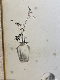 Ecole chinoise, sign&eacute; Zhang Daqian 張大千 (1898-1983): 'Un sage et calligraphie', encre et couleurs sur papier, dat&eacute; 1957