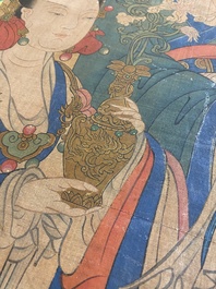 Chinese school: 'Bodhisattva with two servants', ink and colour on silk, 18/19th C.