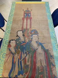 Chinese school: 'Bodhisattva with two servants', ink and colour on silk, 18/19th C.