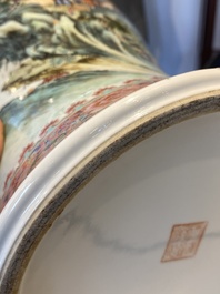 A pair of fine Chinese famille rose 'landscape' vases, Qianlong mark, 20th C.