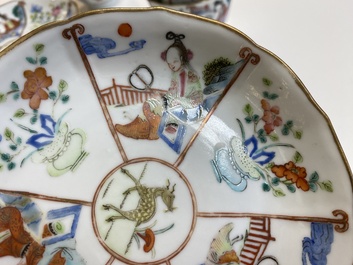 Zes Chinese famille rose koppen en schotels, Xianfeng merk en periode