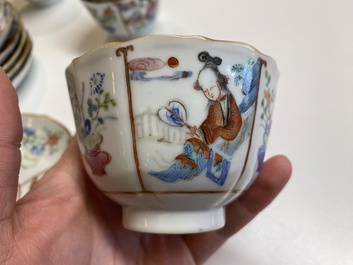 Zes Chinese famille rose koppen en schotels, Xianfeng merk en periode