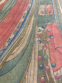 Chinese school: 'Bodhisattva with two servants', ink and colour on silk, 18/19th C.