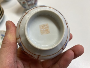Zes Chinese famille rose koppen en schotels, Xianfeng merk en periode