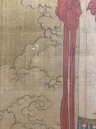 Chinese school: 'Bodhisattva with two servants', ink and colour on silk, 18/19th C.