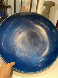 A very large Chinese monochrome blue-glazed dish, Kangxi