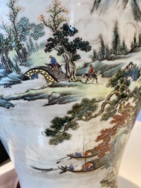 A pair of fine Chinese famille rose 'landscape' vases, Qianlong mark, 20th C.