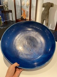 A very large Chinese monochrome blue-glazed dish, Kangxi