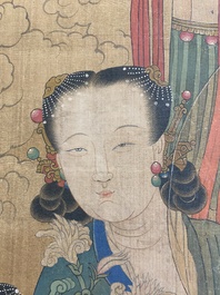 Chinese school: 'Bodhisattva with two servants', ink and colour on silk, 18/19th C.