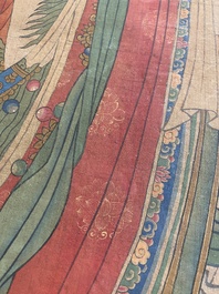 Chinese school: 'Bodhisattva with two servants', ink and colour on silk, 18/19th C.