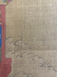 Chinese school: 'Bodhisattva with two servants', ink and colour on silk, 18/19th C.