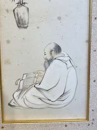 Ecole chinoise, sign&eacute; Zhang Daqian 張大千 (1898-1983): 'Un sage et calligraphie', encre et couleurs sur papier, dat&eacute; 1957