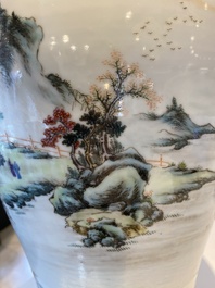 A pair of fine Chinese famille rose 'landscape' vases, Qianlong mark, 20th C.